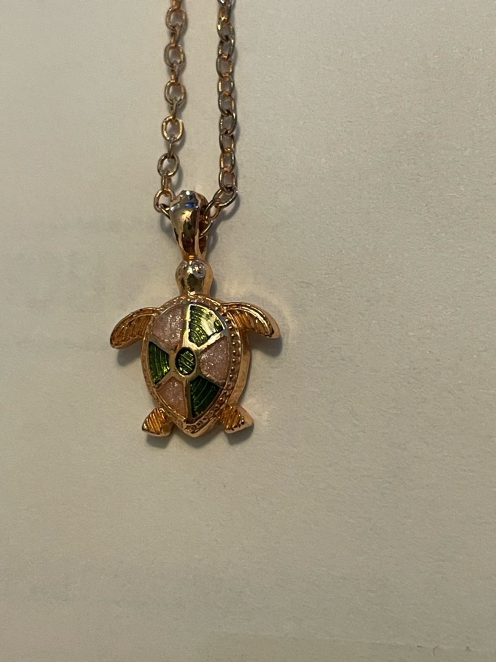 Gold Turtle Pendant Necklace with Green Enamel Accent